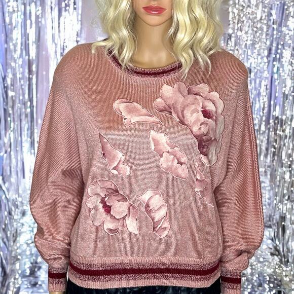 Vintage Floral Appliqué Pink Long Sleeve Pullover Sweater by Piat Ltd Size 14 M - Picture 1 of 7
